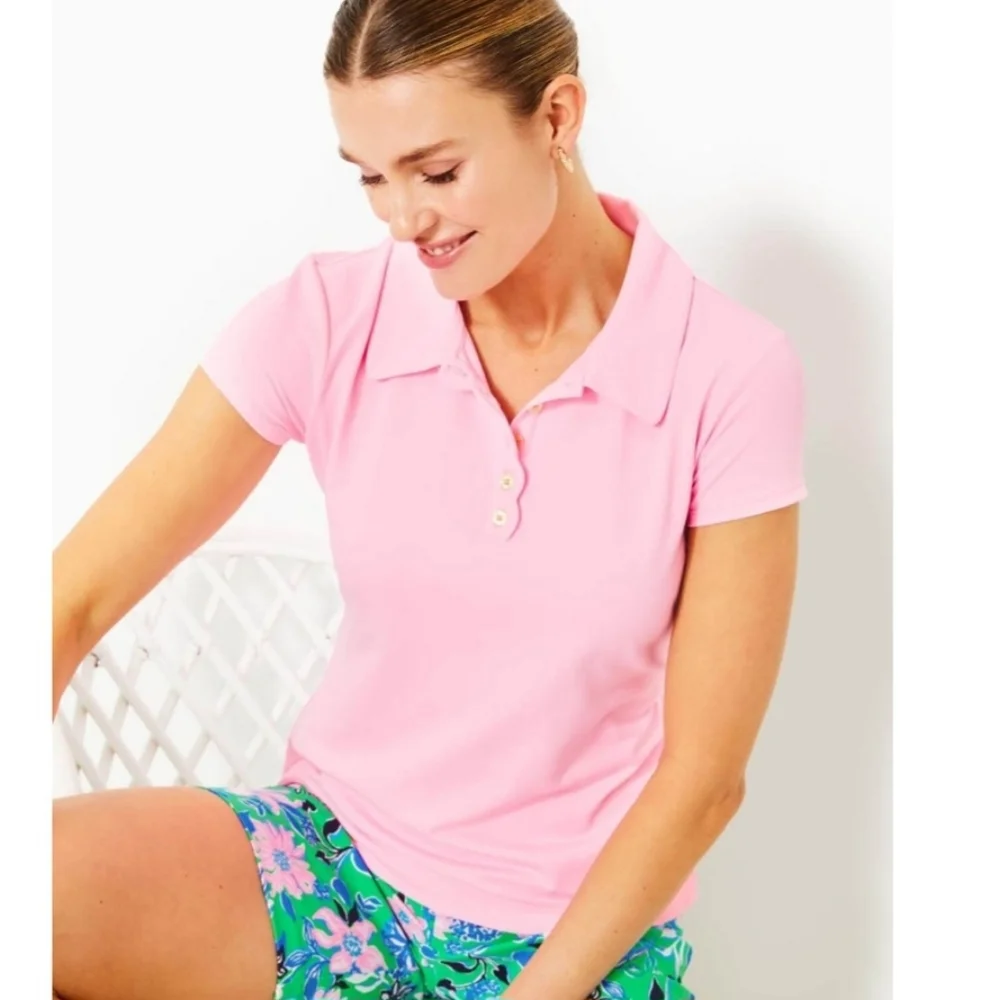Lilly Pulitzer Luxletic Frida Scallop Polo Conch Shell Pink - L - Picture 3 of 16
